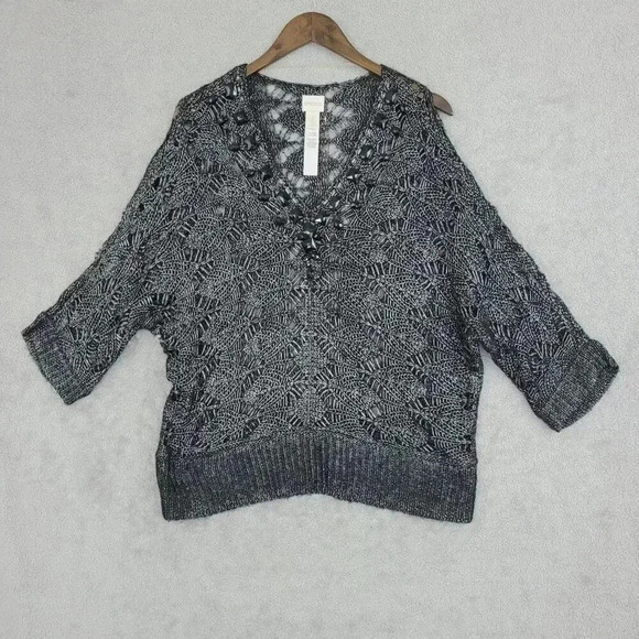 NWOT Chico's Embellished Knit Sweater Size 2 /L Black & Gray  7CT - Picture 1 of 8